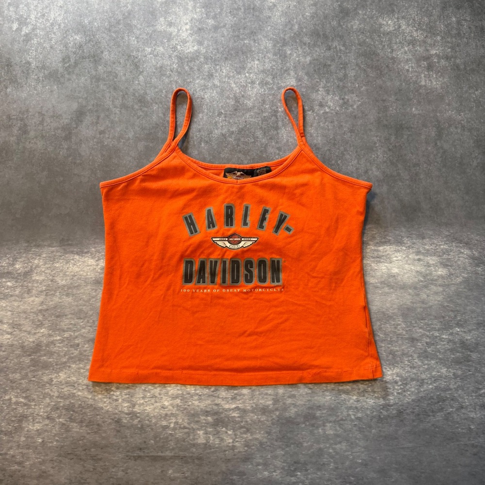 VTG Harley Davidson 100th Anniversary Cami Tank Top Womens M Orange Y2K Biker